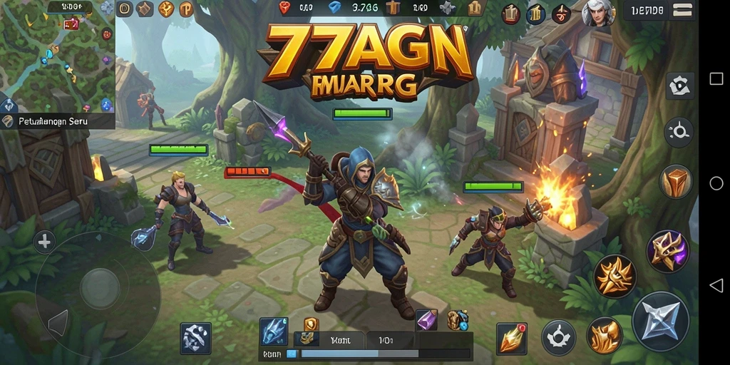 Screenshot gameplay seru dari 77AG yang menunjukkan pertarungan RPG.
