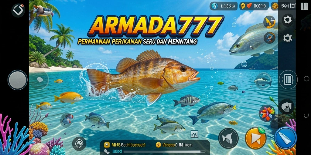 Gameplay ARMADA777 menampilkan momen menangkap ikan berukuran besar dengan alat pancing.
