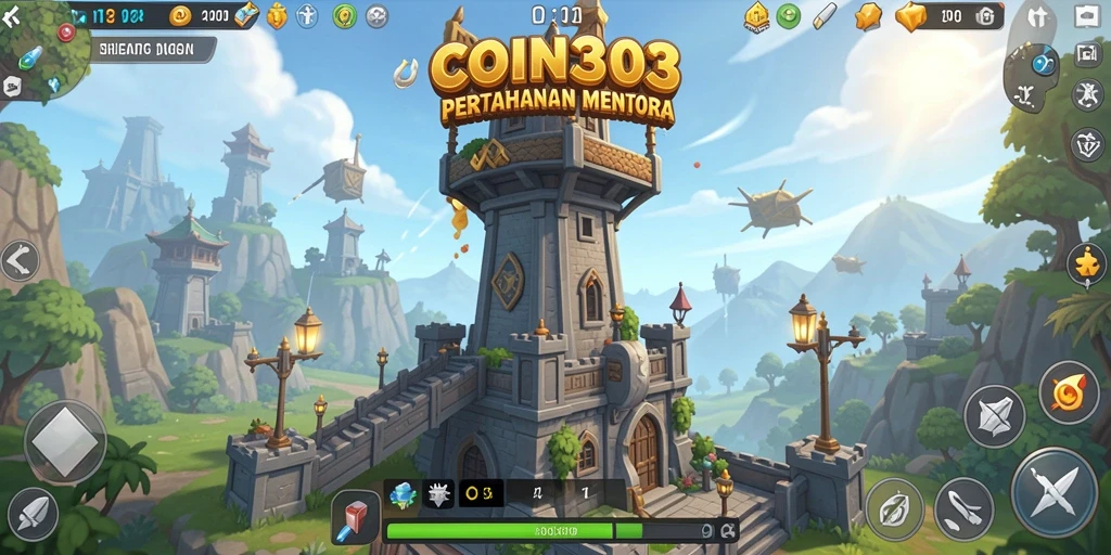 Gameplay seru COIN303 pada Tower Defense dengan menara dan musuh.