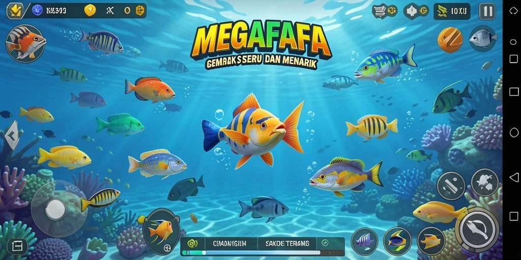 Screenshot gameplay MEGAFAFA menampilkan aksi Tembak Ikan yang seru.