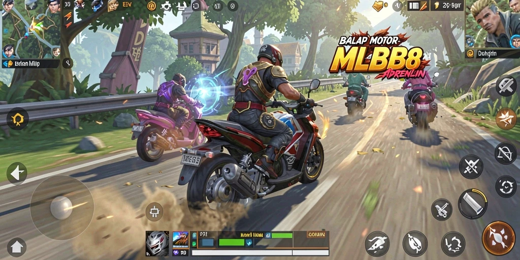 Screenshot gameplay MLBB8 menunjukkan aksi balap motor yang mendebarkan.