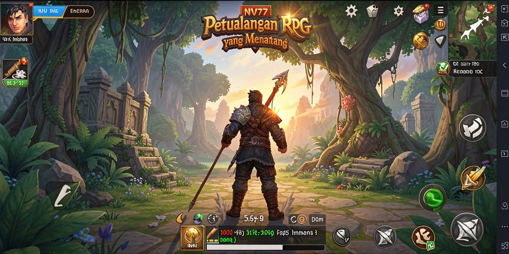 Screenshot utama NV77 menampilkan pertempuran epik dalam dunia RPG.