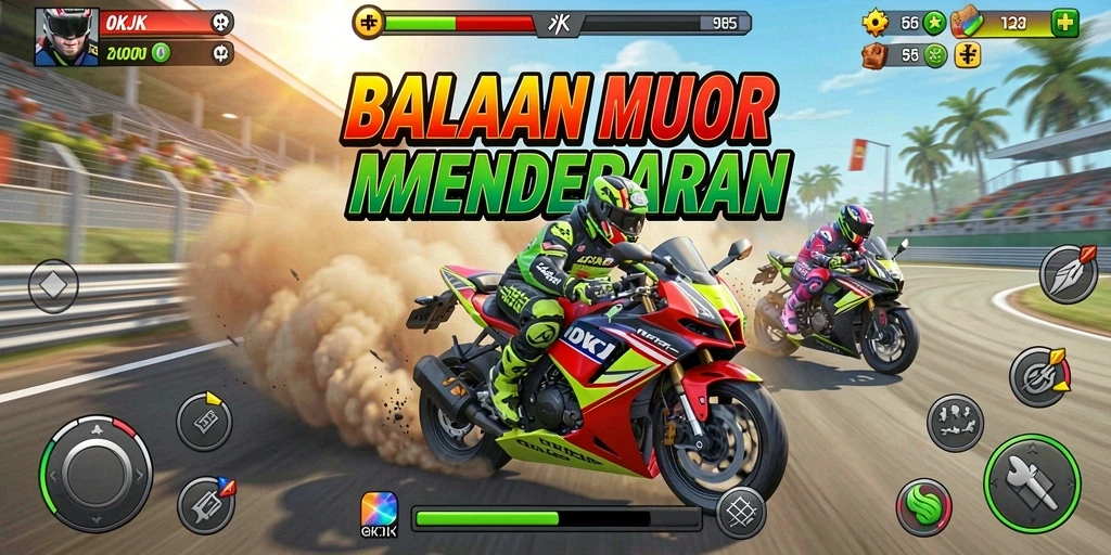 Screenshot utama menunjukkan aksi balapan motor yang mendebarkan.