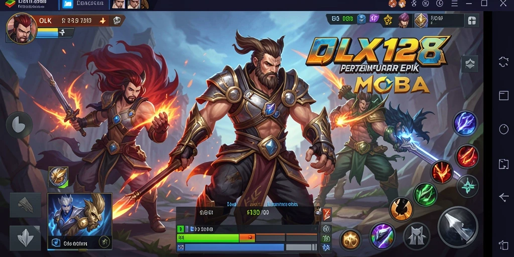 Screenshot gameplay OLX128 yang menampilkan aksi pertempuran MOBA yang mendebarkan.