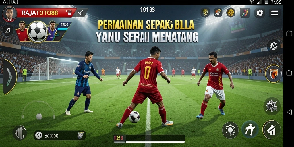 Screenshot gameplay RAJATOTO88 yang menampilkan aksi sepak bola seru.