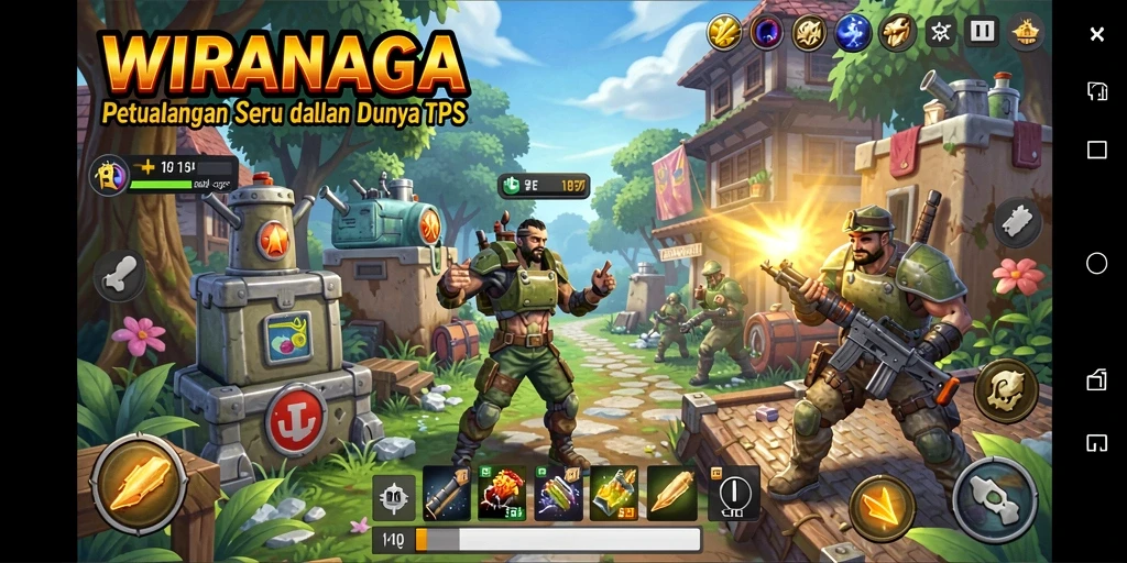 Screenshot gameplay WIRANAGA menampilkan aksi tembak-menembak yang seru.